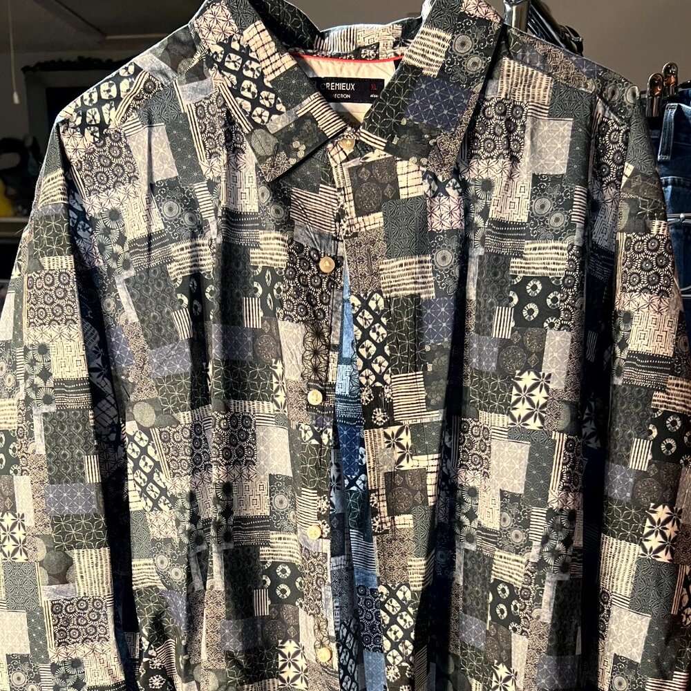 Cremieux Collection Blue & White Bohemian Print Long-Sleeve Button-Up SZ XL